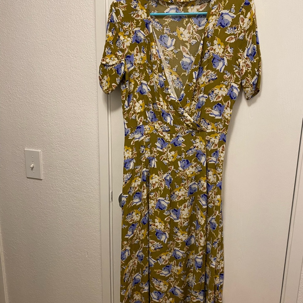 Mango Olive and Blue Floral Midi Dress